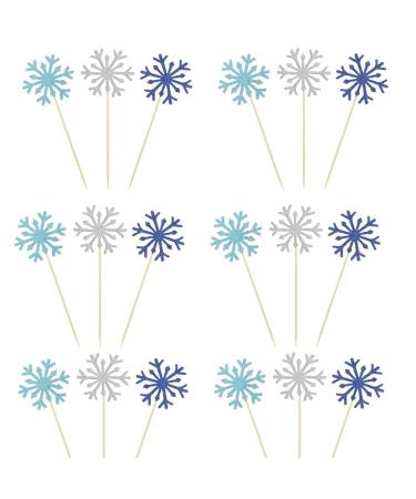 Newzc 30 piece of snowflake cake topper glitter cupcake topper 3 colors with silver/light blue/royal blue for weddings birthday parties
