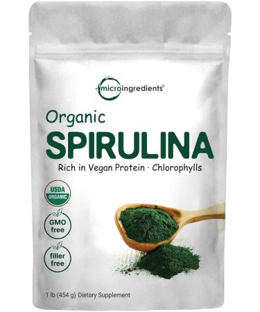 Micro Ingredients Organic Spirulina Powder, 16 Ounce, Raw Spirulina (Arthrospira Platensis), The Richest Sources of 70% Vegan Protein, Containers Minerals, Vitamins, Non-GMO & Non-Irradiation 1 Pound (Pack of 1)