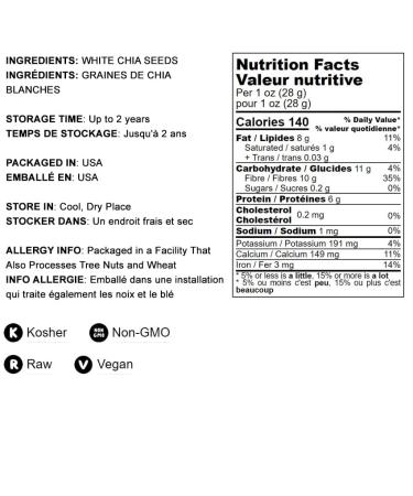 Non-GMO White Chia Seeds 12 oz - Raw & Kosher, Omega-3, Protein & Fiber Rich Superfood for Keto Vegan Sirtfood Diet - Ideal for Chia Pudding, Yogurt, Smoothies - 1 Pack - Buy Online on GoSupps.com