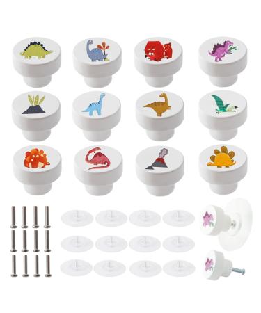 Oessuf 12 beie cabinet button wood without drilling 35mm round dinosaurs pattern furniture buttons with screws for children's room wooden handles for cupboards white door buttons for children dinosaur elements