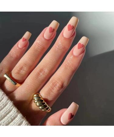 JUSTOTRY 24 Pcs Heart False Nails Medium Pale Yellow French Press on Nails Patterns Nude Ballerina Stick on Nails for Women Acrylic Coffin Fake Nails Long with Glue for Nail Art yellow&heart1