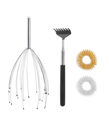 Head massager scalp with pull -out back scratch & finger massage ring - deep relaxation tool 20 fingers stress relief and pressure 4 pieces reduce manual rings set gently