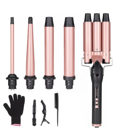 5 in 1 Curling Wand Set Three Barrel Curling Iron Set with 3 Barrel Curling Iron and 4 Interchangeable Ceramic Curling Wand(0.5 -1.25 ) Fast Heating Include Glove & 2 Clips
