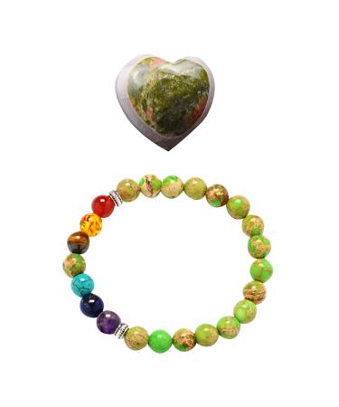 Soulnioi Healing Crystal Natural Energy Glitter Crystal Montage Glauconite Crystal Heart Shape Thump Pocket Stone Seven Chakra Crystal Imperial Crystal Beads Bracelet for Yoga Reiki