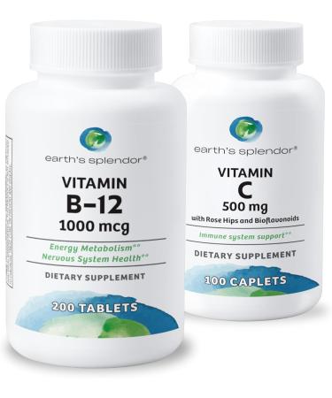Earth's Splendor Energy & Immune Support Vitamin B12 & Vitamin C with Rose Hips Gluten-Free No Artificial Colors or Flavors Supports Energy Metabolism & Antioxidant Health for Men & Women