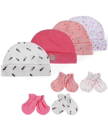 Lictin Newborn Baby Caps Mittens - Pure Cotton 4pcs Baby Caps Hats and 4 Pairs Baby Scratch Mittens Gloves for Baby Girl 0-6 Months (Pink)