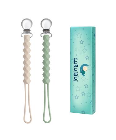 LORUIBUI Pacifier Clip for Boys Girls - Baby Binky Holder with One Piece Silicone Paci Clips Teething Relief Neutral Leash Shower Birthday Gift 2 Pack (Beige+Green)