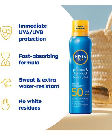 NIVEA SUN Protect & Dry Touch Sun Mist SPF 50 (200ml) - Transparent Oil with Immediate UVA & UVB Protection - 200 ml - Buy Online on GoSupps.com