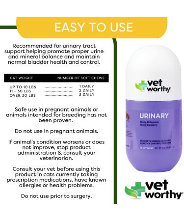 Vet Worthy Urinary Aid for Cats - 45 Soft Chews with Glucosamine, D-Mannose, and Cranberry Extract for Healthy Urinary Tract and Bladder - Feline Supplement - Buy Online on GoSupps.com