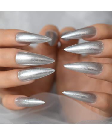 Long Stiletto Silver Glitter Press On Nails - High Gloss Reusable Acrylic Full Cover Fake Nails Kit (24 Pieces) - International Shipping Available - Buy Online on GoSupps.com