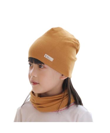 VUCDXOP Baby Children's Cotton Hat Scarf Set Winter Boys Girls Beanie Hats + Tube Scarf Set of 2 Autumn Winter Soft Cotton Beanie Hat Neckerchief Round Scarf Neck Warmer Set Yellow L (Suitable for 3-7 year children)