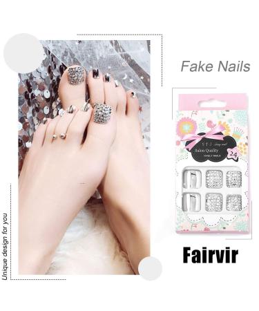 Fairvir 24pcs Silver Mirror Acrylic False Toenails - Full Cover Sequins for Women & Girls | International Shipping - Buy Online on GoSupps.com