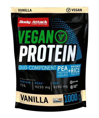 Body Attack Vegan Duo Component Protein 1000g Vanilla-Veganes Protein from two sources / 33 portions environmentally friendly ZIP-Lock bag 9.060mg EAAS & 4 650mg BCAAS sugar-free made in germany vanilla 1 kg (1 Pack)