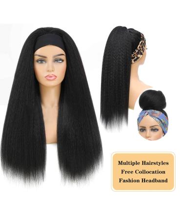 26 Inch Black Kinky Straight Headband Wig - Synthetic Yaki Hair, Full Machine Made, No Lace Front - Natural Black Color for Women - Buy Online on GoSupps.com