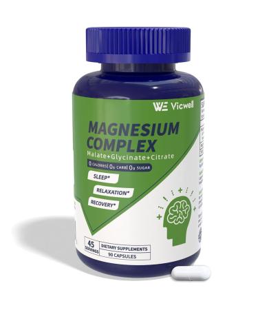Triple Magnesium Complex - 300mg Magnesium from Malate Glycinate and Citrate - Supports Stress Relief & Sleep Nerves & Metabolism Muscle Relaxation & Bone Health - 90 Capsules(1 Bottle) 90 Count (Pack of 1)