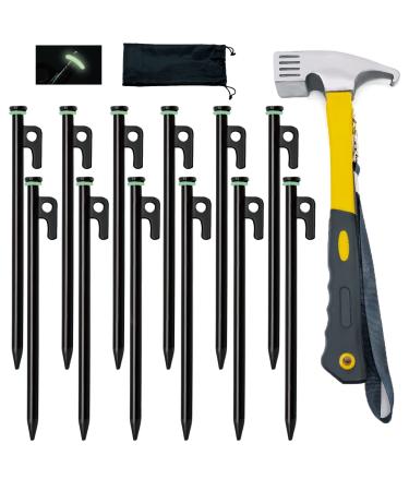 Tent Stake with Hammer 12-Pack 10in Heavy Duty Tent Stakes + 10in Tent Stakes Hammer+Storage Pouch Forged Steel Tent Stakes for Camping Used on Rocks Grassland (Tent Stakes+Hammer) Tent Stakes and Hammer
