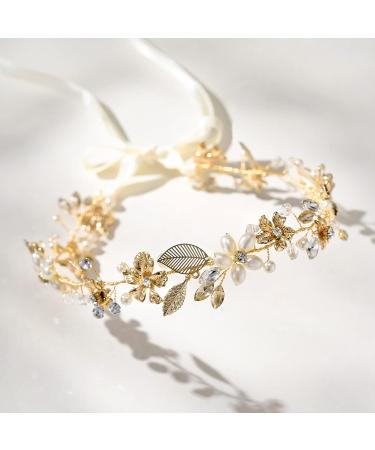 SWEETV Princess Gold Flower Girl Headpiece | Pearl Wedding Hair Accessories | First Communion & Birthday Tiara - Buy Online on GoSupps.com