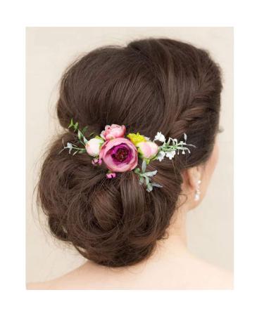 Fangsen Silver Wedding Rose Flower Pinecones Hair Comb Bridal Flower Hair Clip Floral Christmas Hair Accessories (Pink)