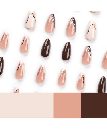24 Pcs Almond Press on Nails - Fall Brown & White Fake Nails with Leaf Designs - Glossy Acrylic Full Cover - Perfect for Autumn & Thanksgiving DIY Manicure - Buy Online on GoSupps.com