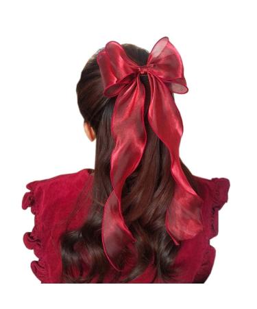 Women Girls Bow Hair Clip Organza Bowknot Hair Clips Hair Pin Large Long Tail Bow Clip Headwear TSFJ38 (Burgundy)