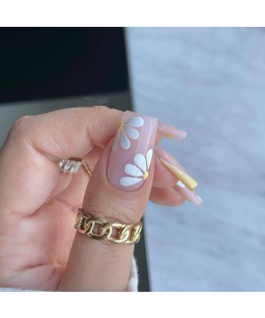 Spring Flower French Tip Press on Nails - 24pcs Medium Length Glossy Acrylic False Nails - Buy Online on GoSupps.com