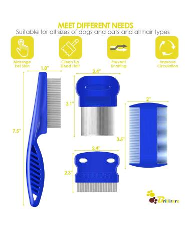 BRILLIRARE 4 Pack Stainless Steel Flea Lice Comb | Professional Double Sided Pet Grooming Combs for Dogs & Cats | Tear Stain Remover & Dematting Tool for Small, Medium, Large Pets - Buy Online on GoSupps.com