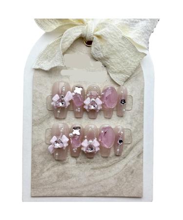 Handmade Wearable Nail Manicure Dream Pink Bubble Diamond Bow Knot Detachable Nail Fake Nails 10pcs (Size : L) 1 count (Pack of 1)