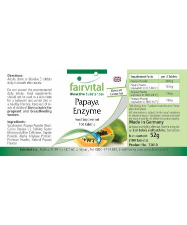 Fairvital Papaya Enzyme Tablets - High Dose Vegan Supplement with Papain Amylase & Protease - 100 Tablets for Digestive Health - Buy Online on GoSupps.com