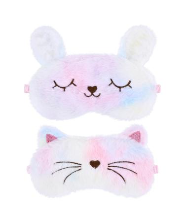 Plush Sleep Eye Mask for Kids Cute Rainbow Sleeping Eye Cover Cat Bunny Blindfold Sleep Masks for Kids Sleeping Eye Shade Soft Funny Sleepover Stuff for Girls Kids Adult Travel Nap (2 Pack)