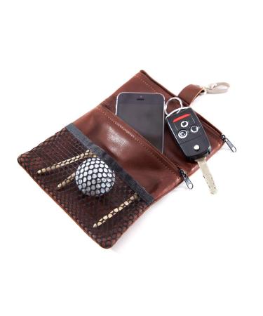 Golf Double Zip Valuables Pouch w/Mesh--Brandy Leather--Two Deep Pockets: Outside Mesh Pouch and Metal Hook Attachmentl--7 1/2" x 6"
