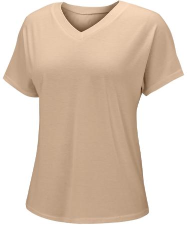 BiJerou Women's V-Neck T-Shirt - Solid Color Short Sleeve Summer Blouse in Khaki M | Casual Fashion Top for Women - Buy Online on GoSupps.com