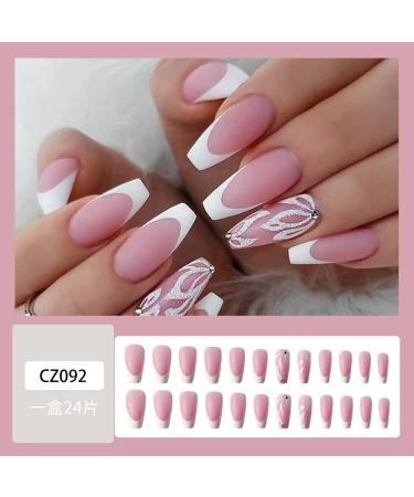 French Tip Press on Nails - Long Square Press On Nails with Nail Tips petal Dot drill Design Glossy meat pink press on nails Acrylic False Nails Cute Artificial Nails - Buy Online on GoSupps.com