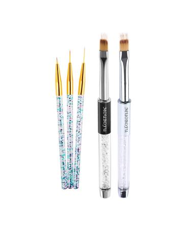 MUOBOFU 2pcs Ombre Nail Brushes Kolinsky Bristles Rhinestone Handle Professional Gradient Manicure Tools and 3pcs Acrylic Nail Art Liner Pens Drawing Painting Diy Home Salon Halloween Gold