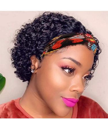 SWEETGIRL Short Curly Headband Wig Human Hair Wigs for Black Women Curly Bob Headband Wigs Pixie Cut Glueless Half Wig 150% Density Natural Black 6 Inch 6 Inch (Pack of 1) Water Wave Headband Wig