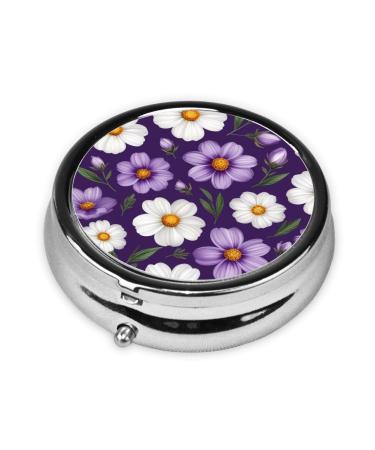 Purple White Floral Printed Pill Organizer Round Travel Pill Organizer Mini Medicine Pill Box for Purse Iron Plating One Size Purple White Floral