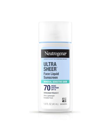 Neutrogena Ultra Sheer Liquid Mineral Sunscreen For Face, Lightweight, Broad Spectrum SPF 70 Facial Sunscreen for Sensitive Skin Leaves a Silky, Non-Greasy Finish, Oxybenzone-Free Sun Care, 1.4 fl. oz 1.4 Fl Oz (Pack of 1)