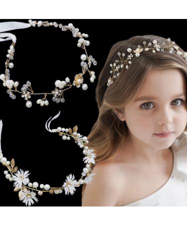 2 Pieces Bridal Hair Vines Flower Wedding Headband Princess Hair Accessories Crystal Pearls Headpiece Elegant Head bands for Bridesmaid and Flower Girls (Gold) - Buy Online on GoSupps.com