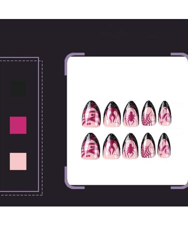 24Pcs Oval False Nails - Black Pink Spider Web Fire Snake Print Halloween Press on Nails - Buy Online on GoSupps.com