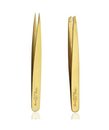 Wishbeauty Tweezer Pointed and Slant Pointed Eyebrow Tweezers for Women & Men - 2pc Precision Tweezers for Eyebrows Facial Hair & Ingrown Hair Removal - Stainless Steel