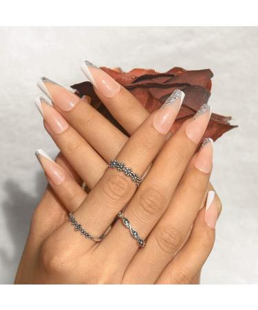 Sethexy French Ballerina False Nails - Pink Bling Acrylic Nail Tips | 24 pcs for Women & Girls - Buy Online on GoSupps.com