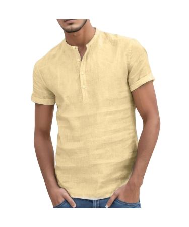 Linen shirt men short sleeve light summer shirt casual shirt for the beach summer Henley shirt with stand-up collar buttons XXL 03 Khaki