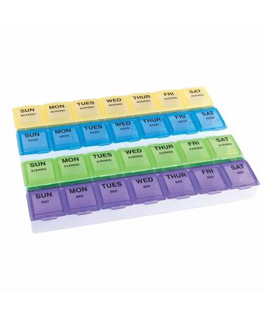 EZY DOSE Weekly (7-Day) Pill Case Medicine Planner Vitamin Organizer Box Large Compartments with Rounded Base 4 Times a Day Colored Lids BPA Free