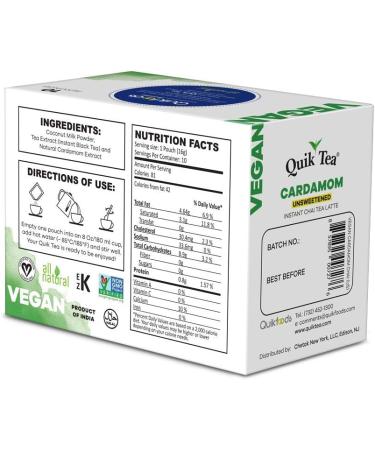QuikTea Vegan Unsweetened Cardamom Chai Tea Latte - 10 Count Single Box - All Natural & Preservative Free Authentic Instant Chai Vegan Cardamom Unsweetened 10 Count (Pack of 1) - Buy Online on GoSupps.com