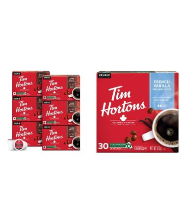 Tim Hortons Dark Roast Coffee Single Serve Keurig K-Cup Pods 72 Count & French Vanilla Coffee Keurig K-Cup Pods Flavoured Medium Roast 30 Count (Imported from Canada) Coffee + Coffee 30 Count Dark 72 Count (Pack of 1)