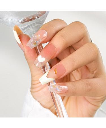 Sethexy French long coffin false nails Handmade Road stones sequins aurora false nails 3d crystal love heart nails to press acrylic removable for women and girls
