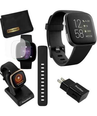 Fitbit Versa 2 Health and Fitness Smart Watch (Black/Carbon) with Heart Rate Monitor, S & L Bands, Bundle with 3.3foot Charge Cable, Wall Adapter, Screen Protectors & PremGear Cloth for Fitbit