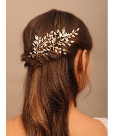 Chargances 2 Pieces Pearl Wedding Hair Pins Crystal Bridal Hair Pins Set Elegant Rhinestone Beaded Bride Headpiece Hair Accessories for Women and Girls (Gold)