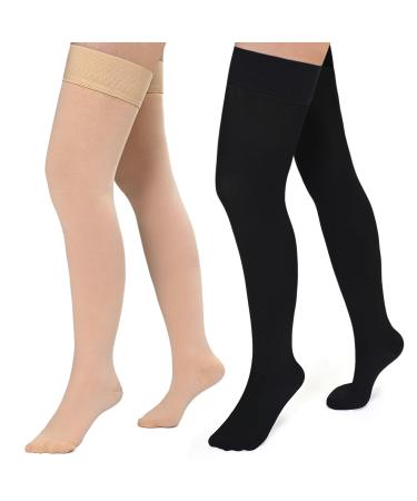 Evolyline 2 pairs of medical compression stockings women & men 20-30 mmHg class II thigh long support stockings compression socks for air travel Graded support with varicose veins toe wrap (black+beige) XXL