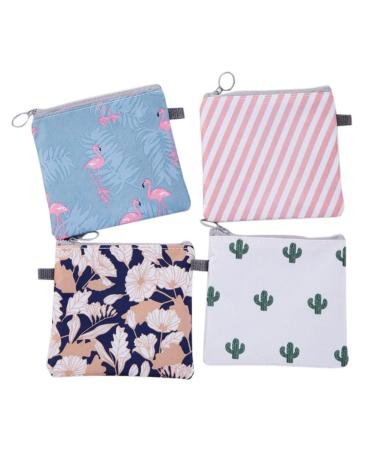 Menstrual Pad Bag 4 Pcs Zipper Sanitary Napkin Bag Tampons Collect Bags for Women Girls (Cactus Flamingo Flower Stripe 1 Pcs Each)