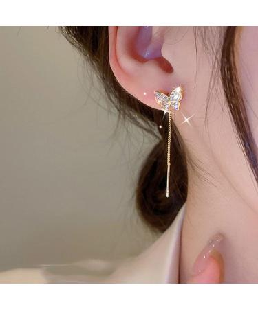 Vintage Crystal Butterfly Chain Earrings | Gold Bar Tassel Threader Jewelry for Women | Elegant CZ Ear Climbers - Buy Online on GoSupps.com